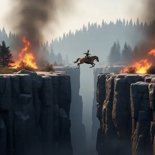 Dramatic Horse Soaring Over Rocky Chasm | Forest Fire Scene