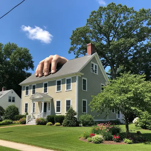 Whimsical Two-Story House with Surreal Hand Architecture