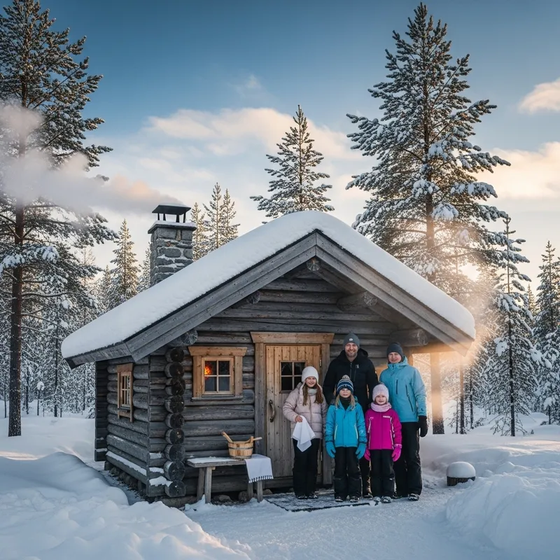 People in Front of Charming Log Cabin Sauna