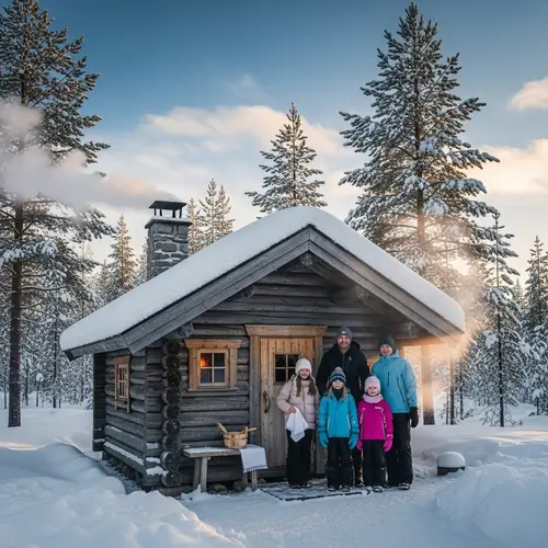 People in Front of Beautiful Log Cabin Sauna