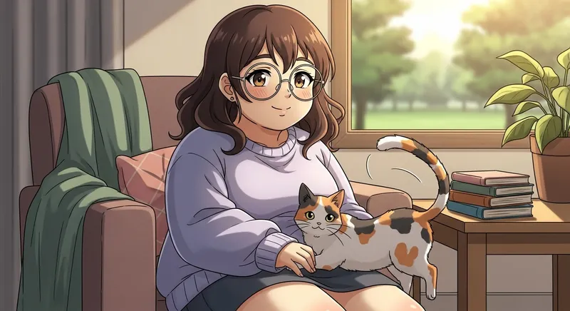 Chubby Brunette Anime Character with Wavy Hair & Cute Calico Cat