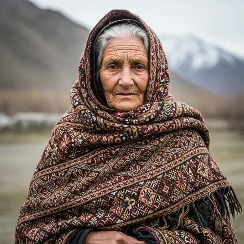 Elderly Pashtun Woman from Afghanistan in Textured Woolen Shawl