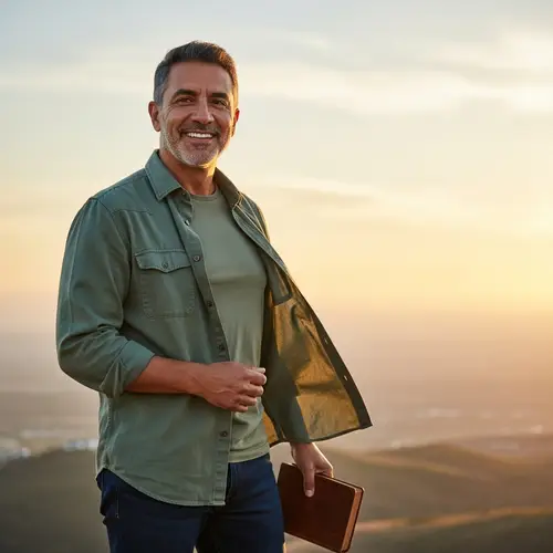 Middle-Aged Hispanic Man Portrait with Wisdom and Joy