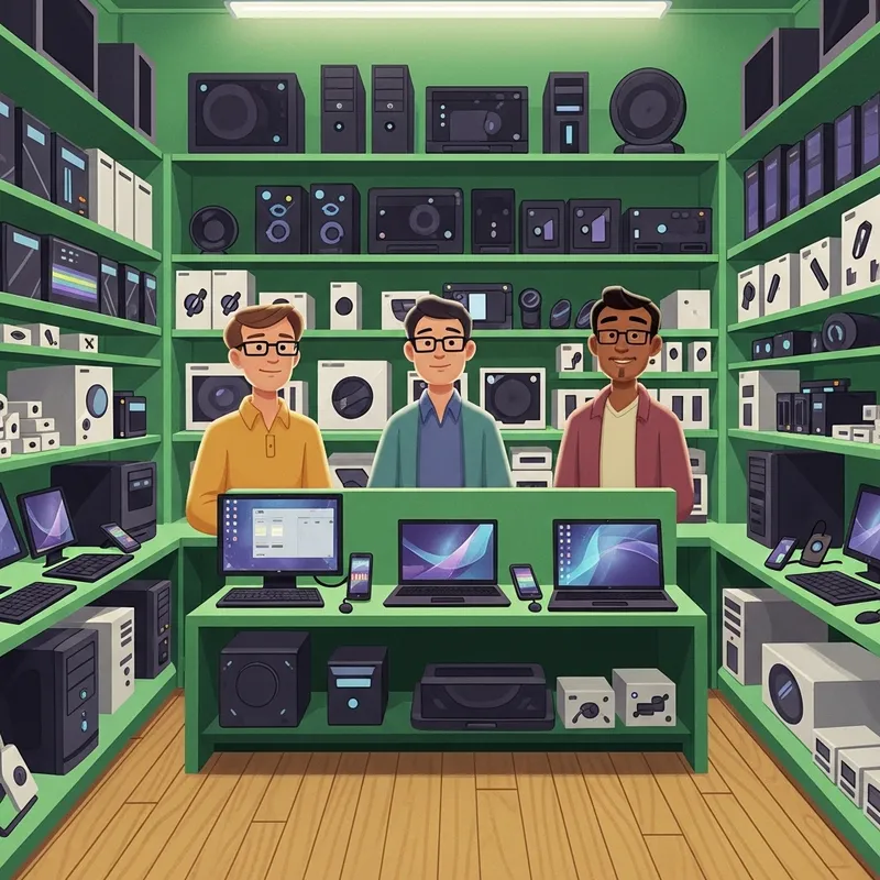 Electronics Store with Three Glasses-Wearing Clerks & Green Theme Electronics Store with Three Glasses-Wearing Clerks & Green Theme
