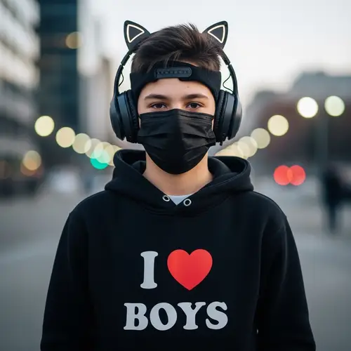 Boy with Cat Ears Headphones in 'I love boys' Hoodie