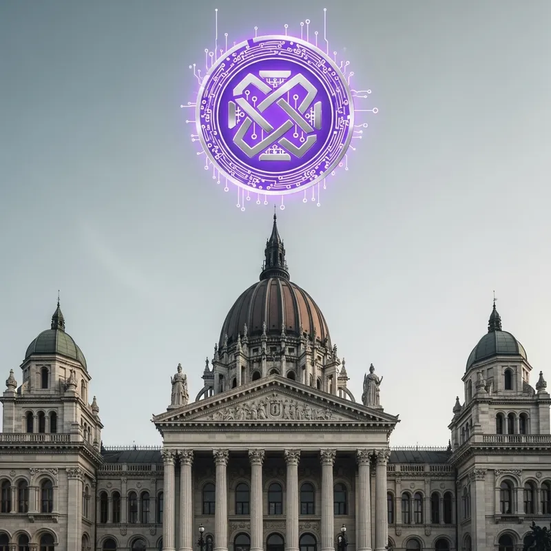 Parliament Architecture with Violet and Silver Crypto Token Emblem