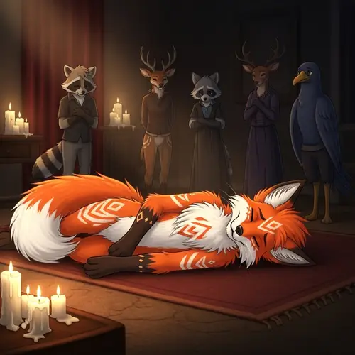 Tranquil Fox Character on Plush Carpet | Dramatic Candlelight Scene