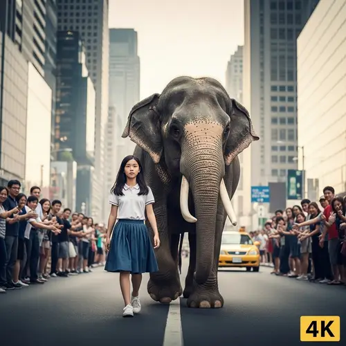 4K Photo of Asian Teen Girl with Elephant in City