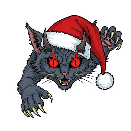Festive Cat-like Demon with Red Eyes and Santa's Hat