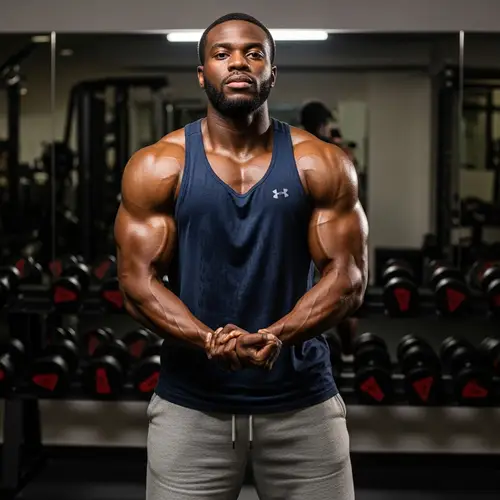 Muscular Black Man Poses After Intense Workout