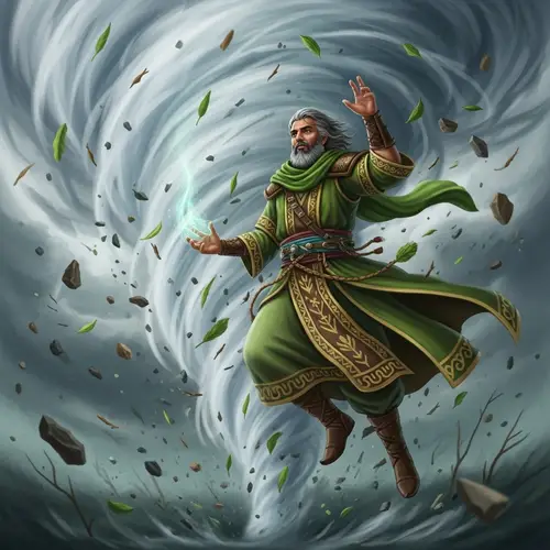 Middle-Eastern Male Druid in Vibrant Robes Controlling Tornado