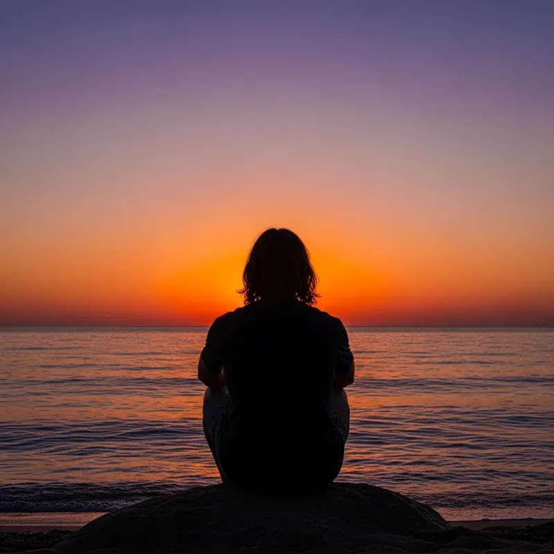 Man Sitting by the Calm Sea at Sunset