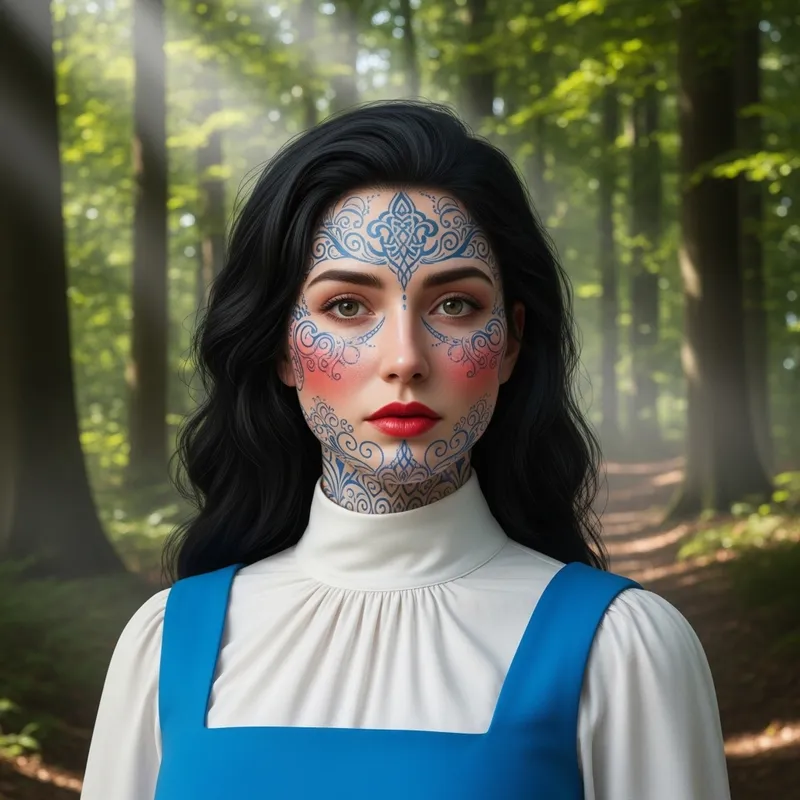 Serene Forest Portrait: Caucasian Woman with Face Tattoos