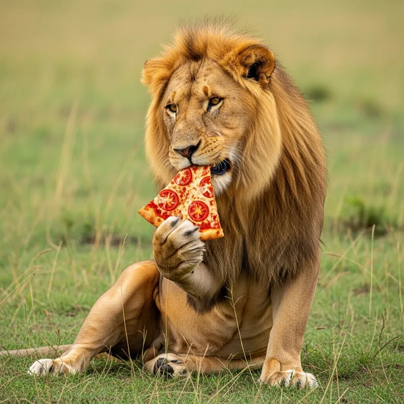 Majestic Lion Enjoying Pizza in African Savanna