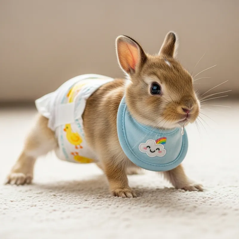 Cute Baby Bunny in Diapers Crawling and Teething with Animated Baby Bibs