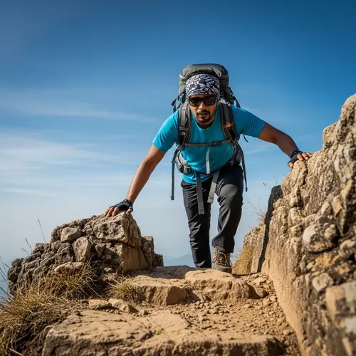 Solo Hiking Adventure: South Asian Male Ascending Steep Rocky Trail