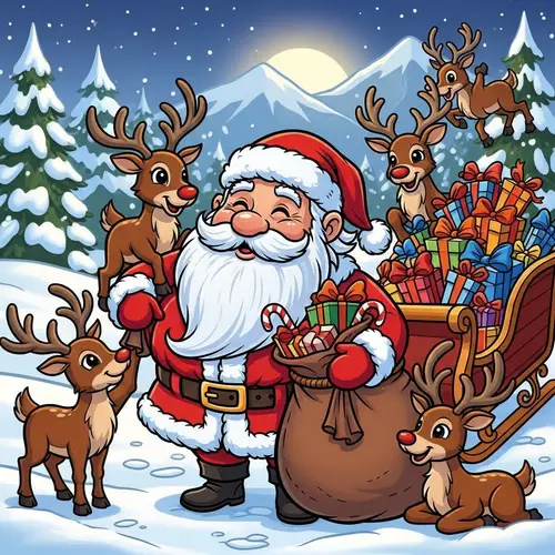 Cheerful Santa Claus with Reindeer and Sleigh