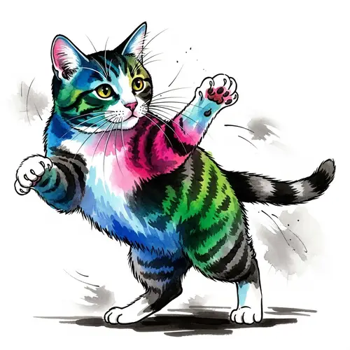 Playful Cat Watercolor Painting: Japanese Ink Wash Style