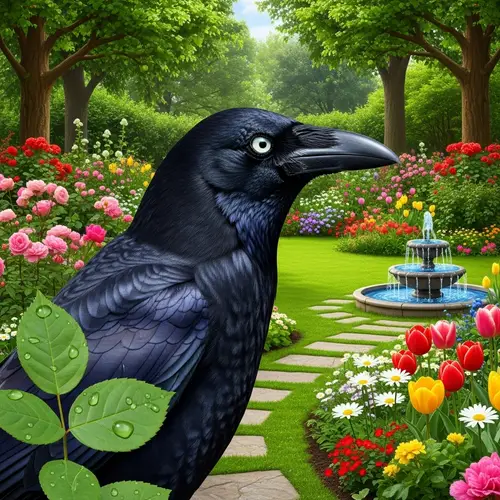 Lush Green Garden Scene with Crow and Colorful Flowers