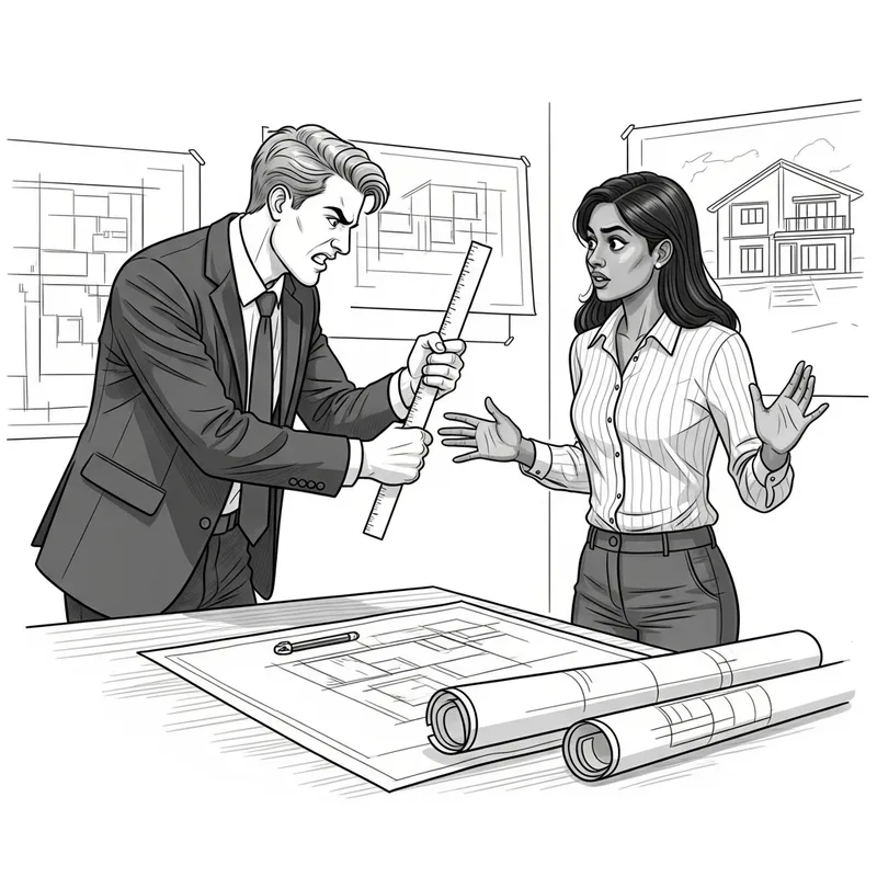 Client Confronts Interior Designer in Black and White Sketch