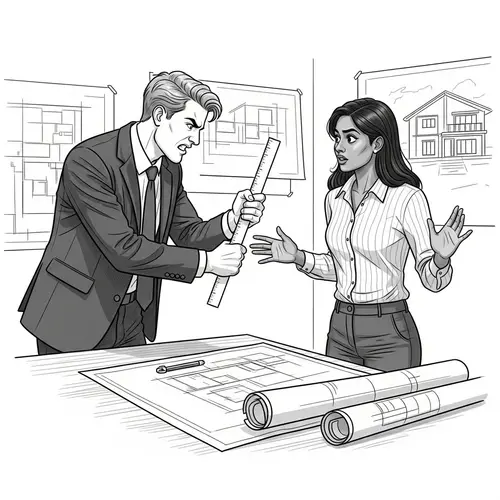 Client Confronts Interior Designer in Black and White Sketch