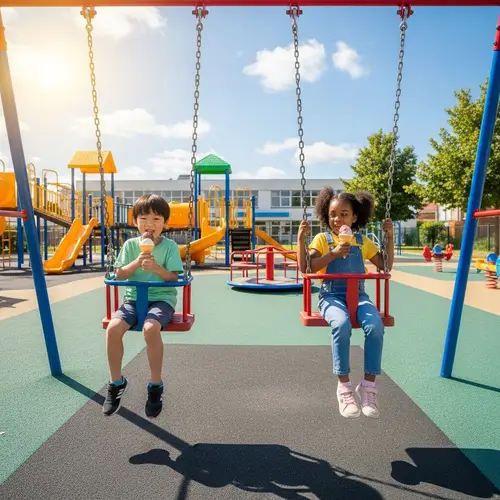Kindergarten Swing Set: Boy and Girl Enjoying Ice Cream