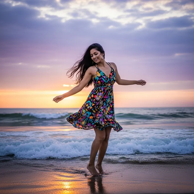 Slim South Asian Woman Dancing on Beach at Sunset
