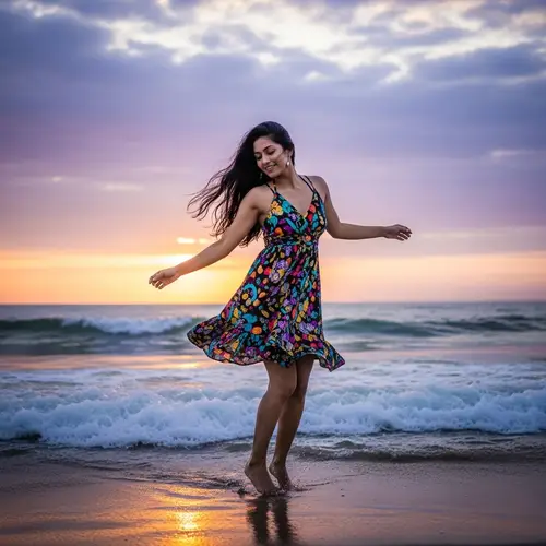 South Asian Woman Dancing on Beach at Sunset