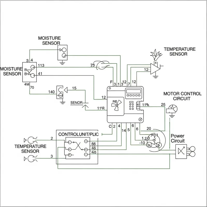 Detailed Maize Dryer Schematic with Moisture and Temperature Sensors