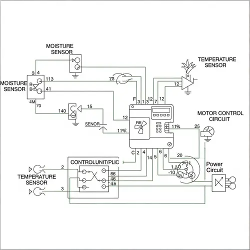 Detailed Diagram of a Corn Dryer System with Moisture and Temperature Sensors