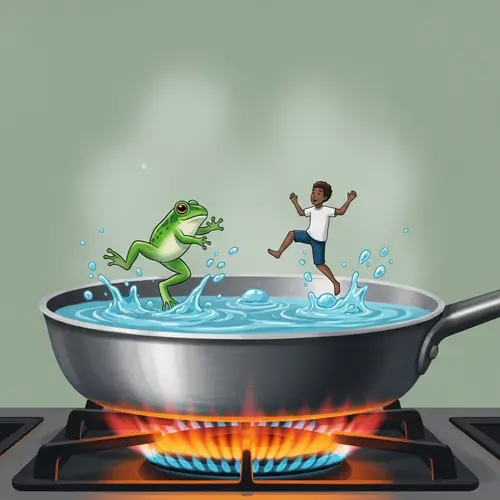 Fantasy Illustration: Frog and Small Person Escaping Boiling Water