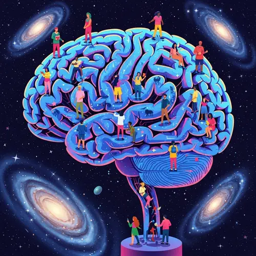 Mind Maze Illustration: Diverse Figures Wandering Among Brain Pathways