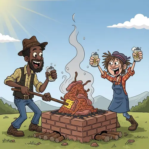 Hillbilly BBQ: Cartoon Characters Smoking Meat & Drinking Beer