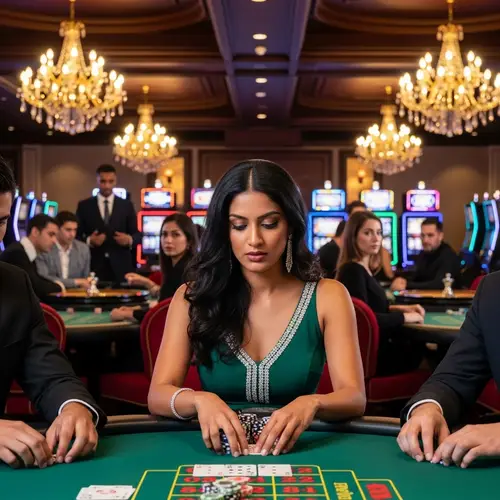 Mid-30s South Asian Woman Poker Player in Emerald Green Dress