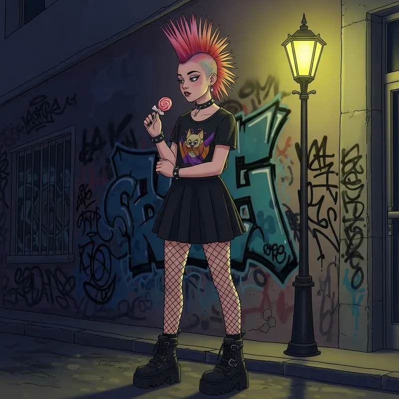 Punk Teen Girl in Black Skater Skirt with Cigarette