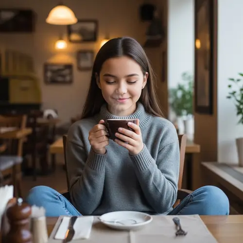 Realistic Kazakh Girl in Cafe with Coffee