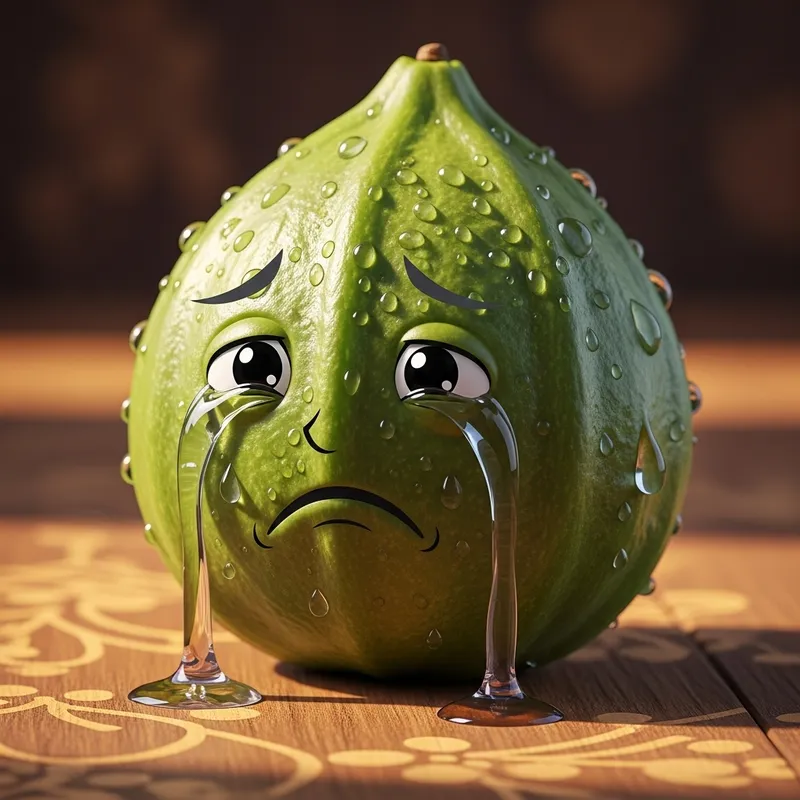 Crying Chico Fruit - Emotional Cartoon Character on Wooden Tabletop