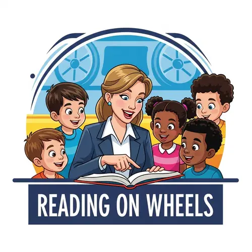 Reading on Wheels Logo: Engaging Teacher & Diverse Students Scene