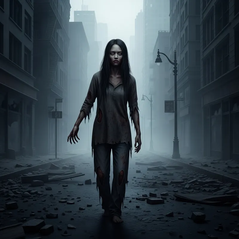 Haunting Asian Female Zombie in Abandoned City