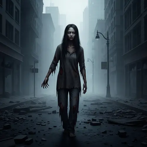 Asian Female Zombie Walking in Abandoned City