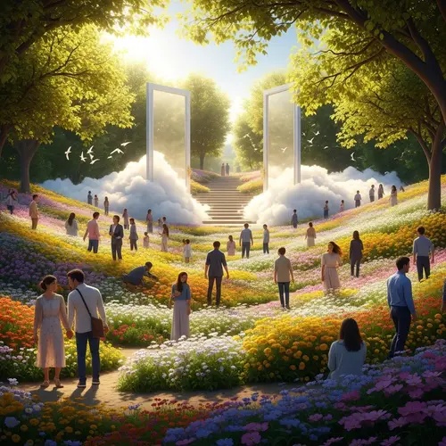 Vibrant Floral Paradise: Diverse People in Joyful Surroundings