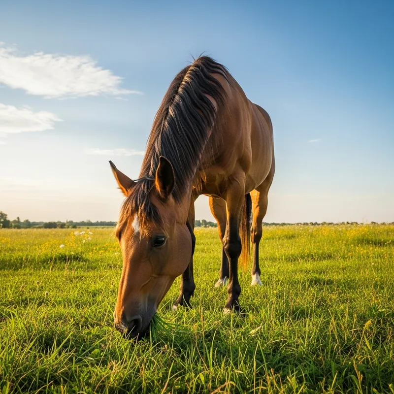 Realistic Horse Grazing in Verdant Green Meadow