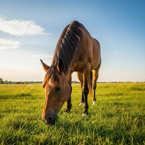 Realistic Horse Grazing in Green Meadow