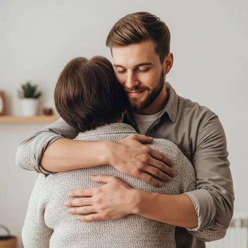Heartfelt Embrace of Man and Grandmother | Warm Family Moment