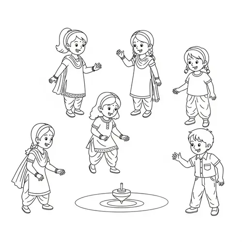 Indian 90s Kids Spinning Top Game | Line Art Illustration