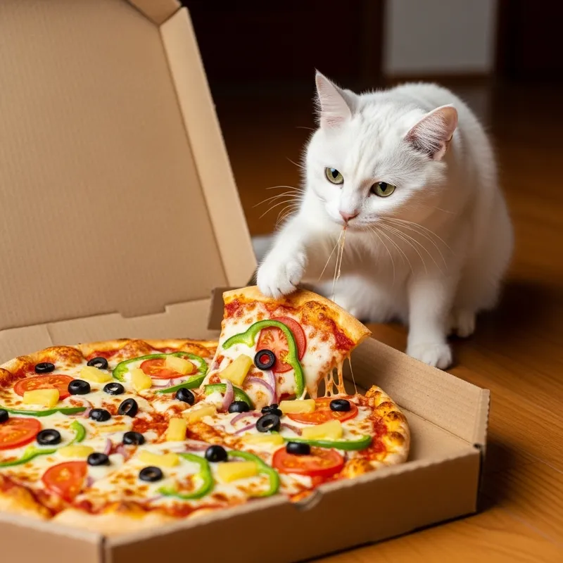 Cute Cat Eating Pizza on Wooden Floor