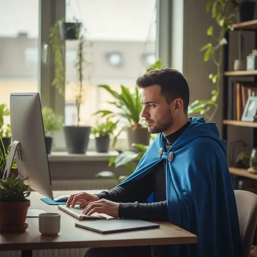 Male Blogger Creating Content in Royal Blue Cloak