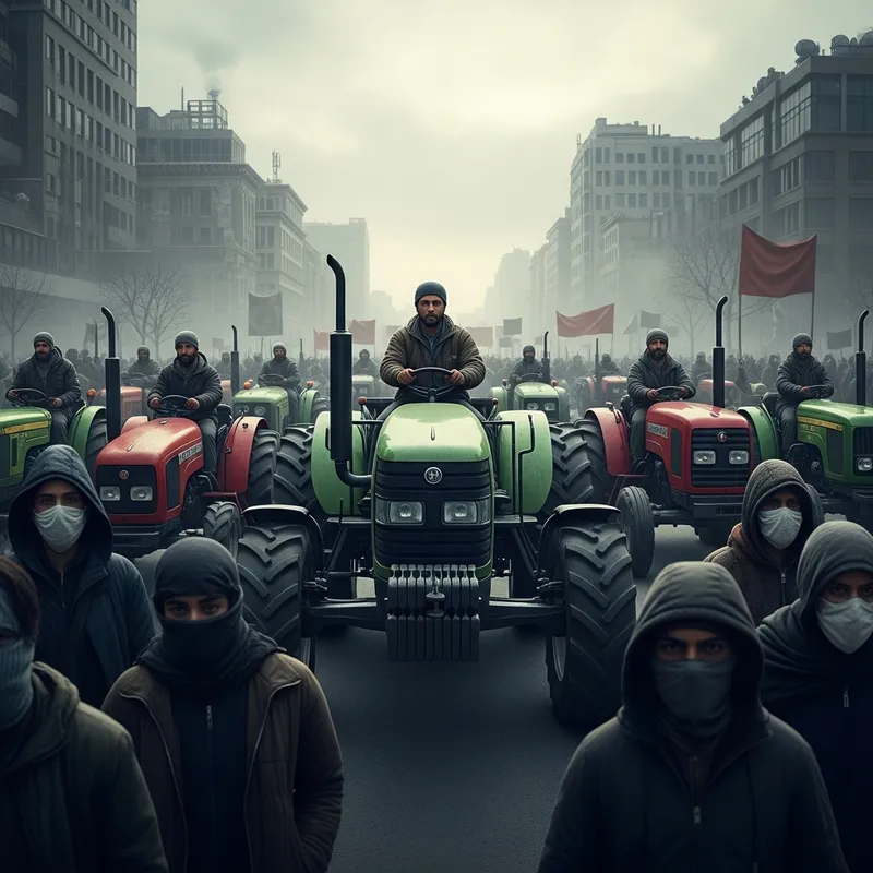 Angry Farmers' Protest with Tractors and Masked Participants in Dystopian Scene