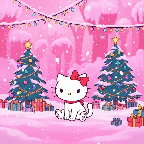 Christmas Cat in Pink Winter Wonderland | Cartoon Illustration