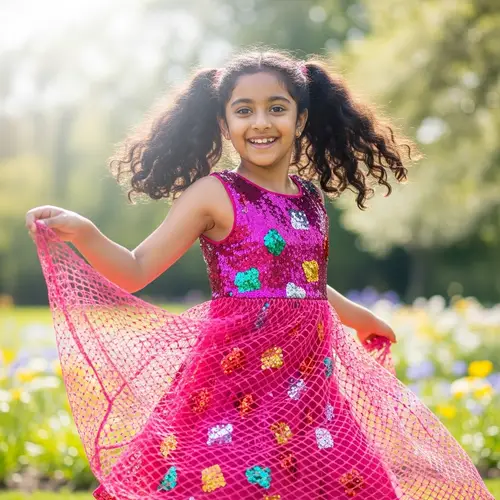 Joyful South Asian Girl in Pink Dress Twirling in Blooming Park